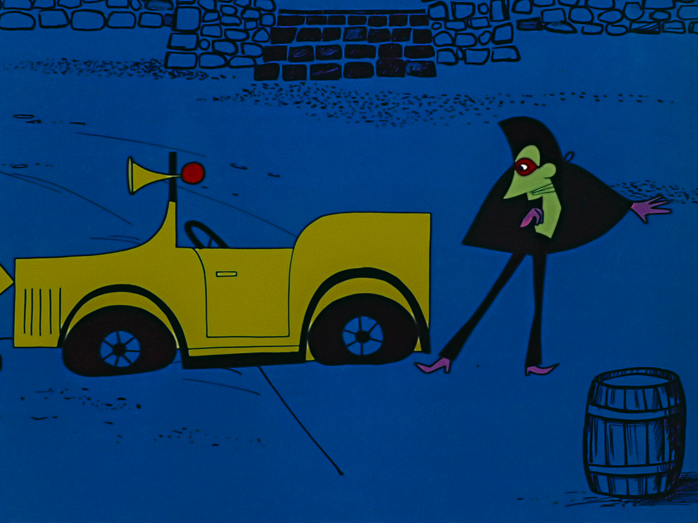 middle of the night- don pedro, a green man in spy cloak, is assesing a yellow car middle of the night- don pedro, a green man in spy cloak, is assesing a yellow car