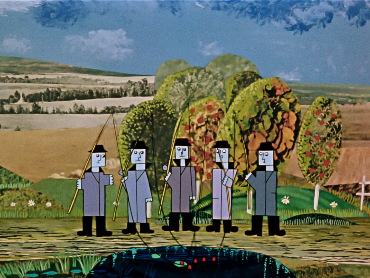 grey-ish fishermen fishing in a countryside