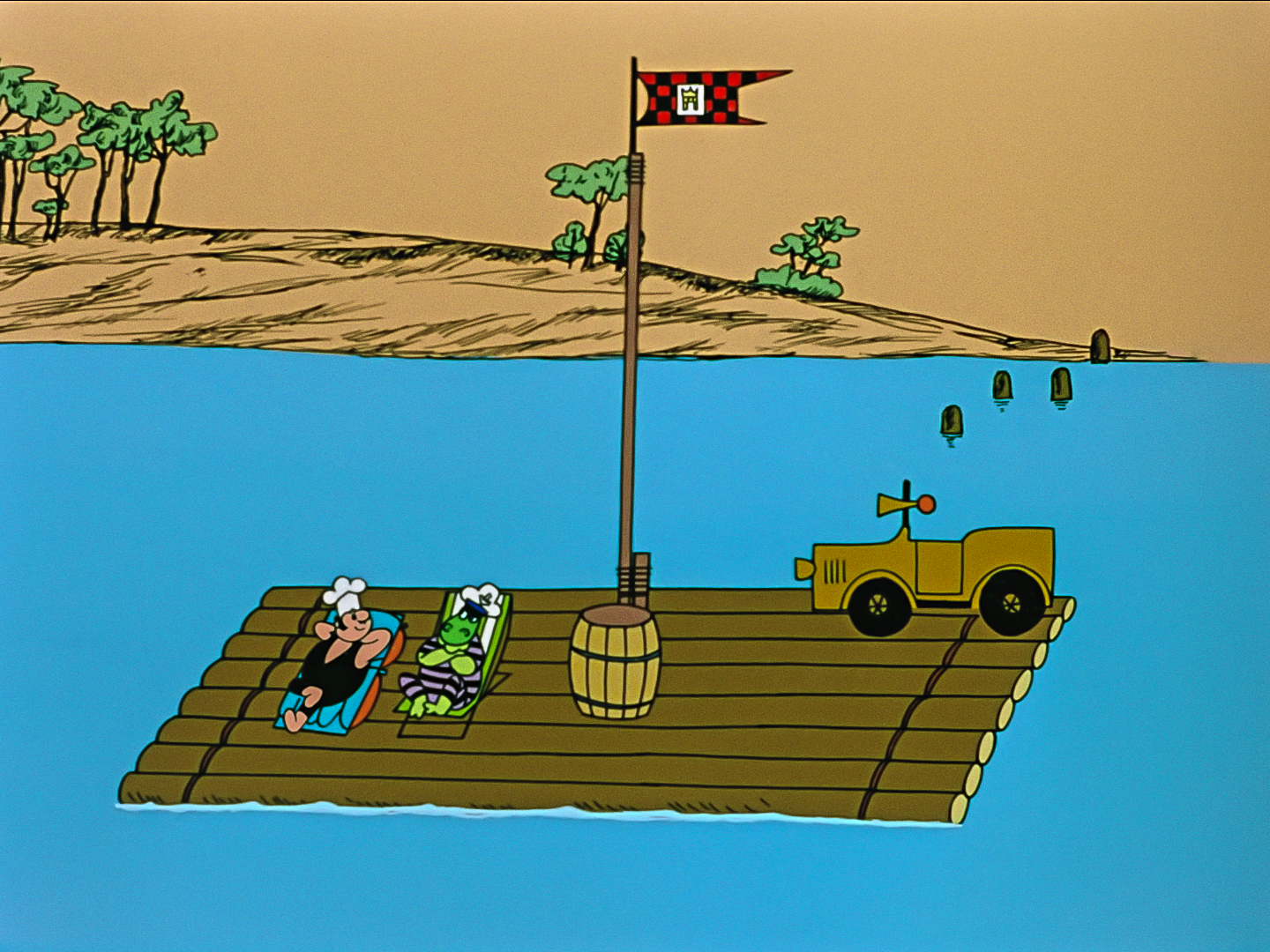 a big raft, with the cook Bartolini and the wawel dragon lying on chairs a big raft, with the cook Bartolini and the wawel dragon lying on chairs