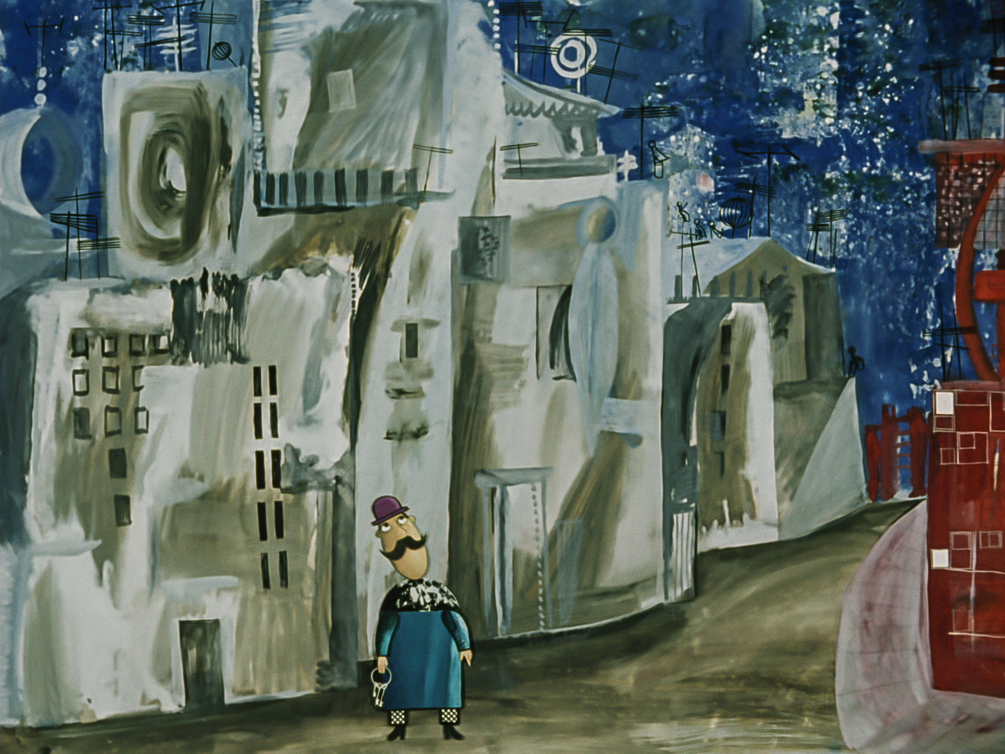 mustachioed man on a street, looking up