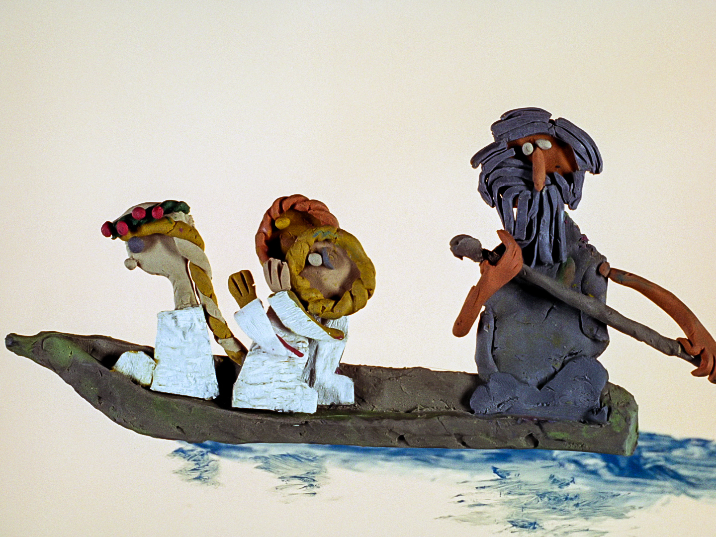 four people on a small boat-a young girl, two angels and an old man