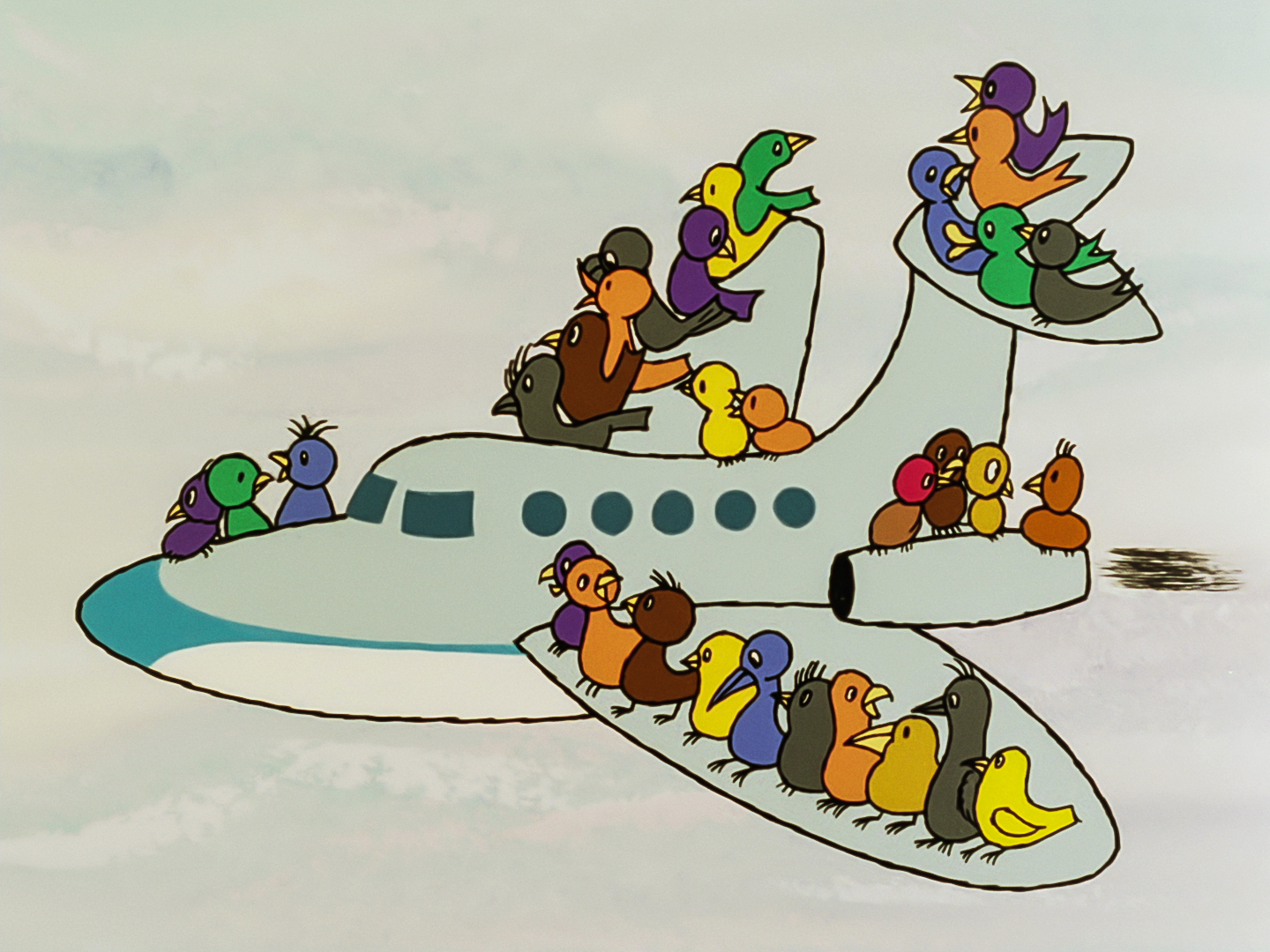 several differently coloured birds sitting on a plane several differently coloured birds sitting on a plane