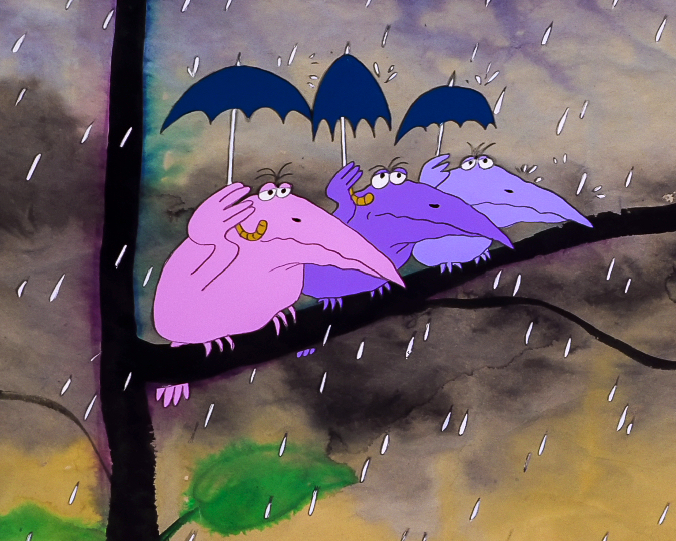 three birds holding up umbrellas