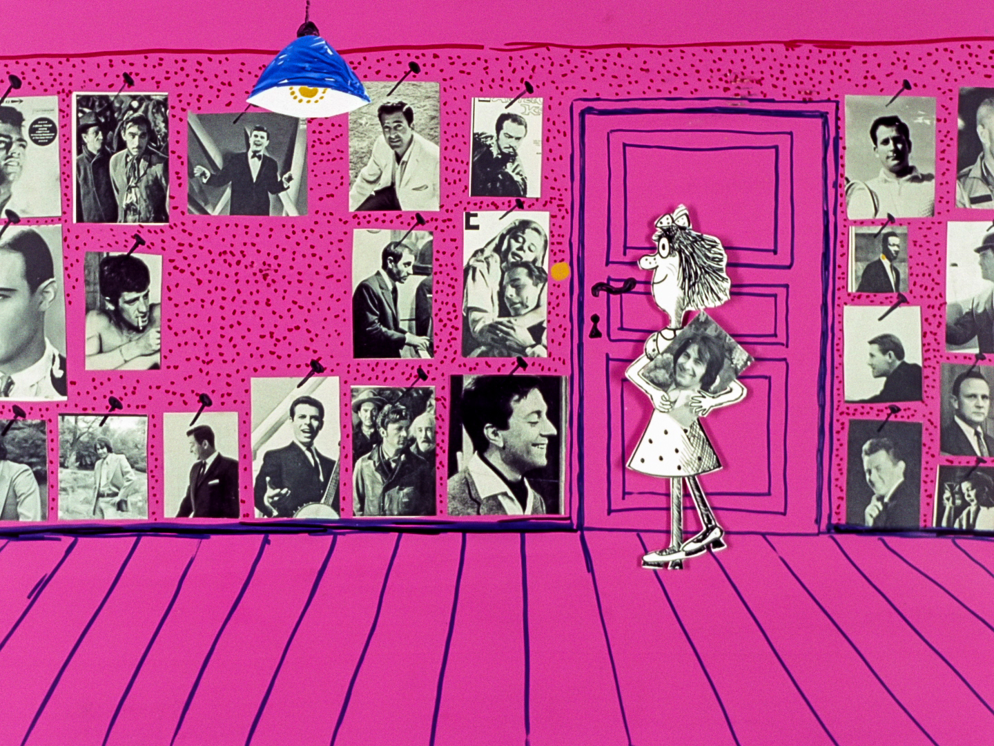 cartoon teen girl holding a real life photo of an actor, behind here is a wall adorned with similar real life photos cartoon teen girl holding a real life photo of an actor, behind here is a wall adorned with similar real life photos