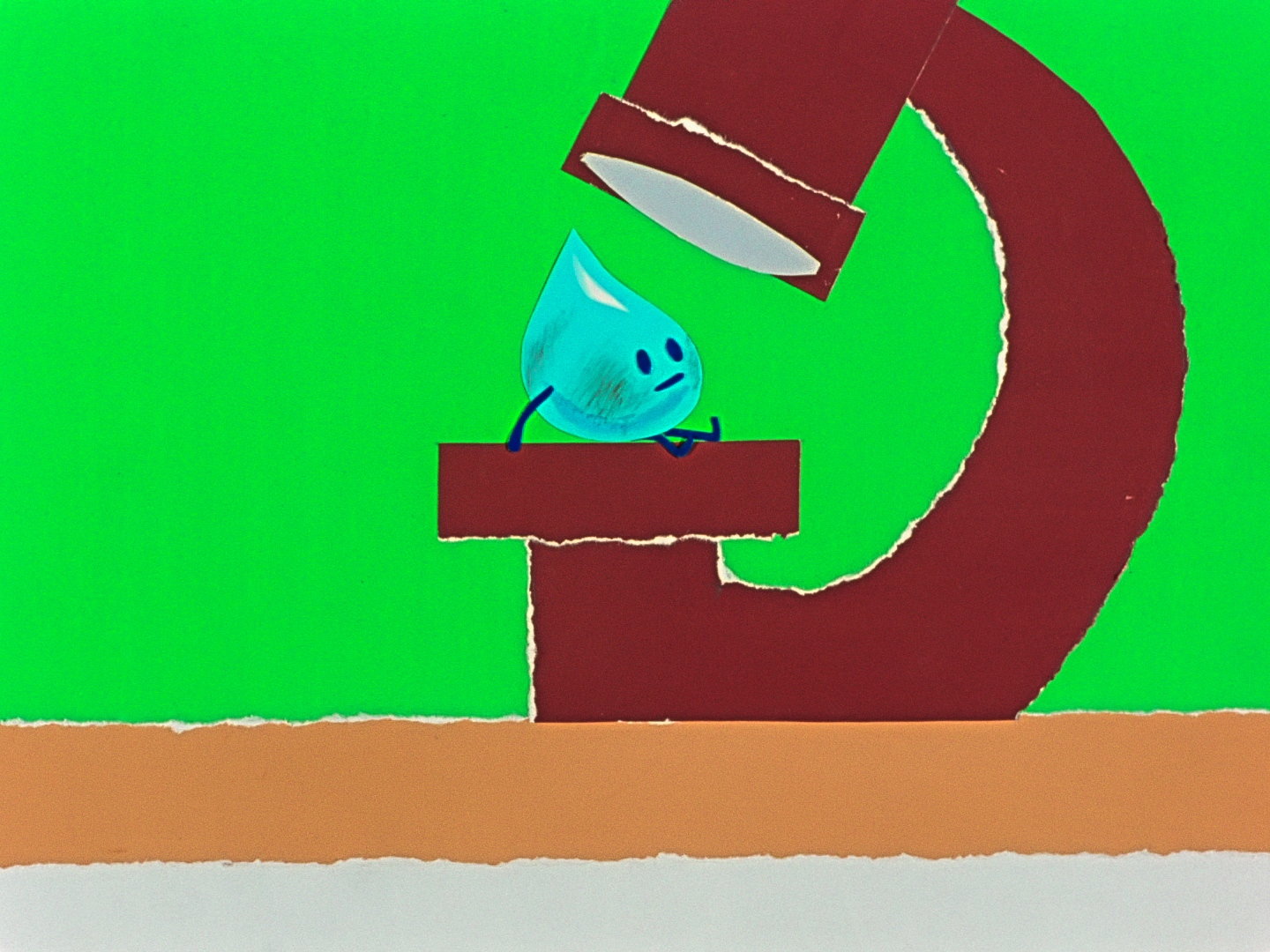 dirty waterdrop with face and limbs sits under microscope