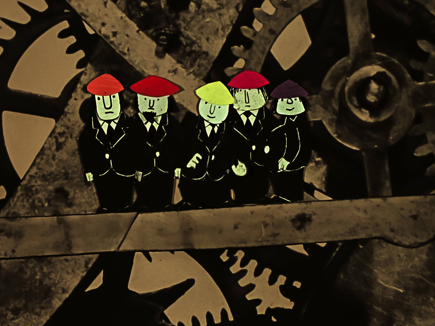 group of drawn dwarfs standing among photo of cogs