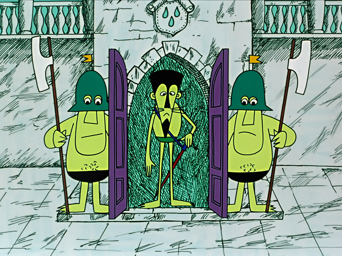three green skined men standing- in the middle stands don pedro while two guards stand on his both sides three green skined men standing- in the middle stands don pedro while two guards stand on his both sides