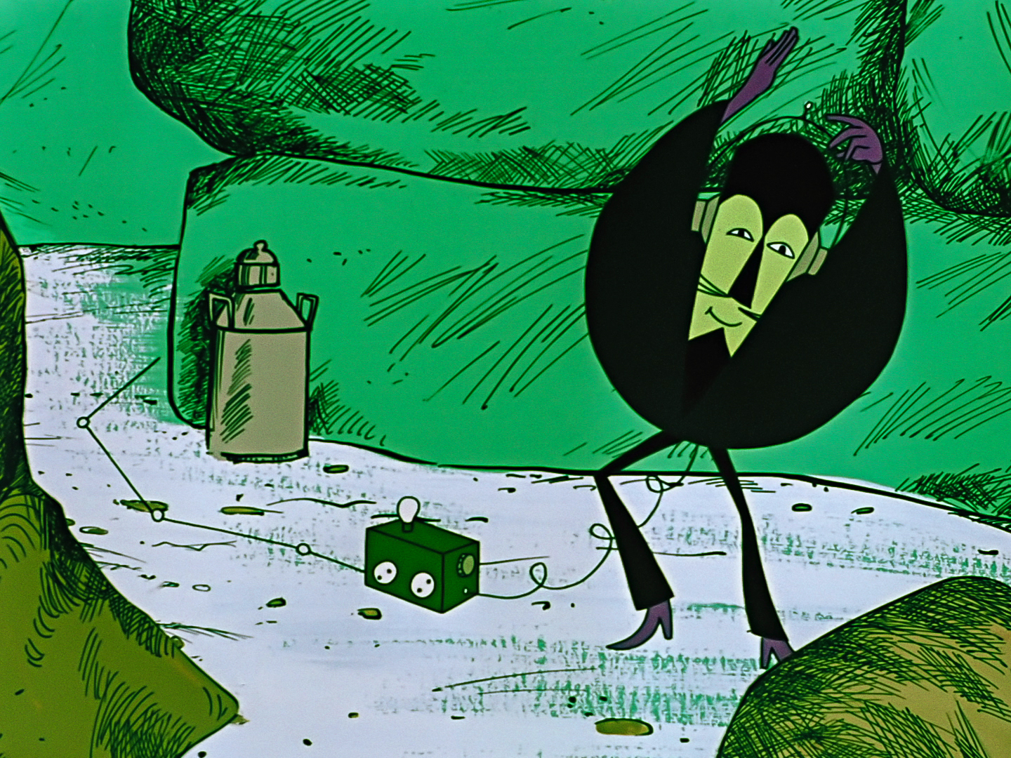 a moonfaced green man making weird body motions while listening in to a radio a moonfaced green man making weird body motions while listening in to a radio