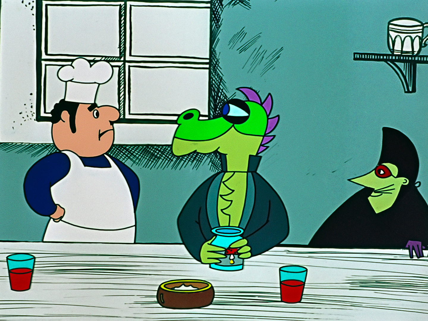 three people sitting at a table- from left to right- a cook, a dragon, and a masked man with green skin three people sitting at a table- from left to right- a cook, a dragon, and a masked man with green skin