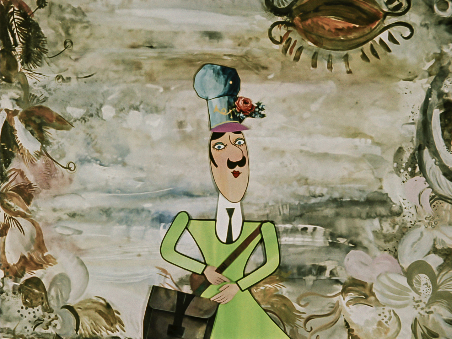 a mustachioed postman with big lips and eyelashes