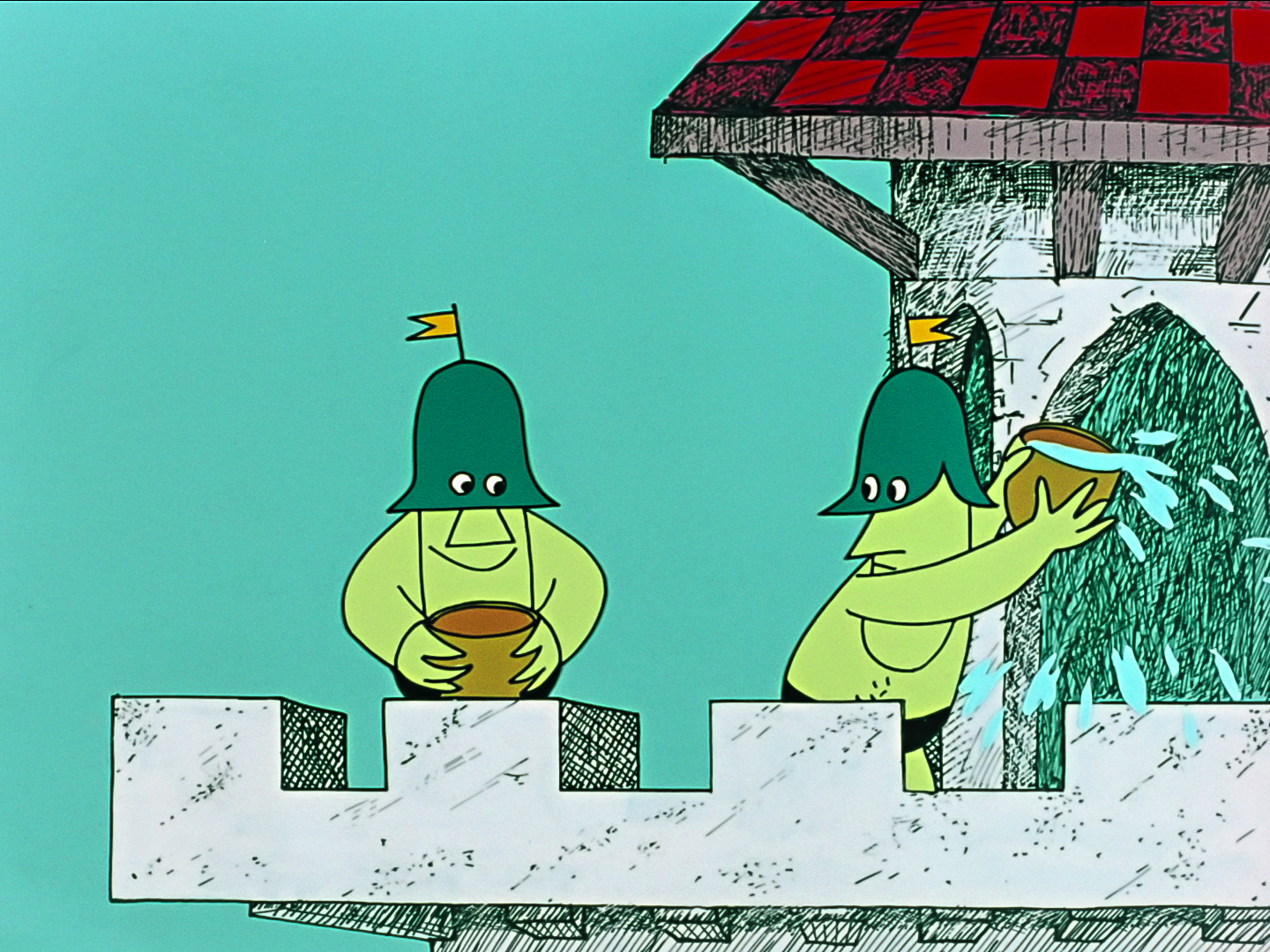 two half naked green skined guards throwing buckets of water on each other two half naked green skined guards throwing buckets of water on each other