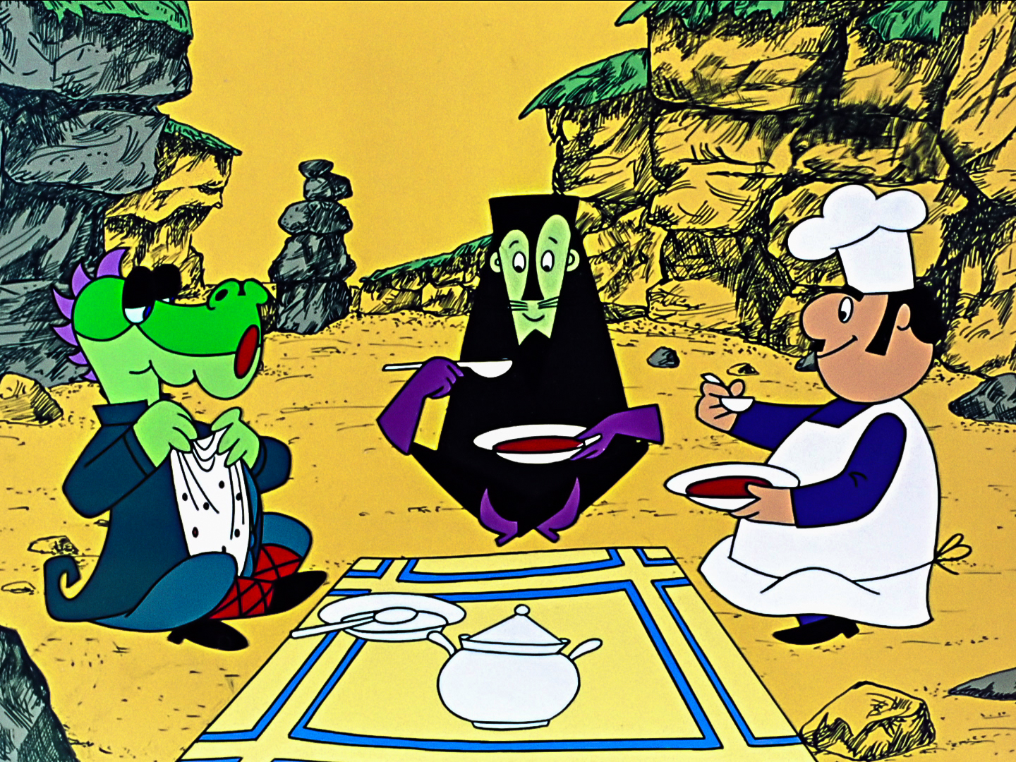 smok wawelski, don pedro and cook bartolini having a meal together smok wawelski, don pedro and cook bartolini having a meal together
