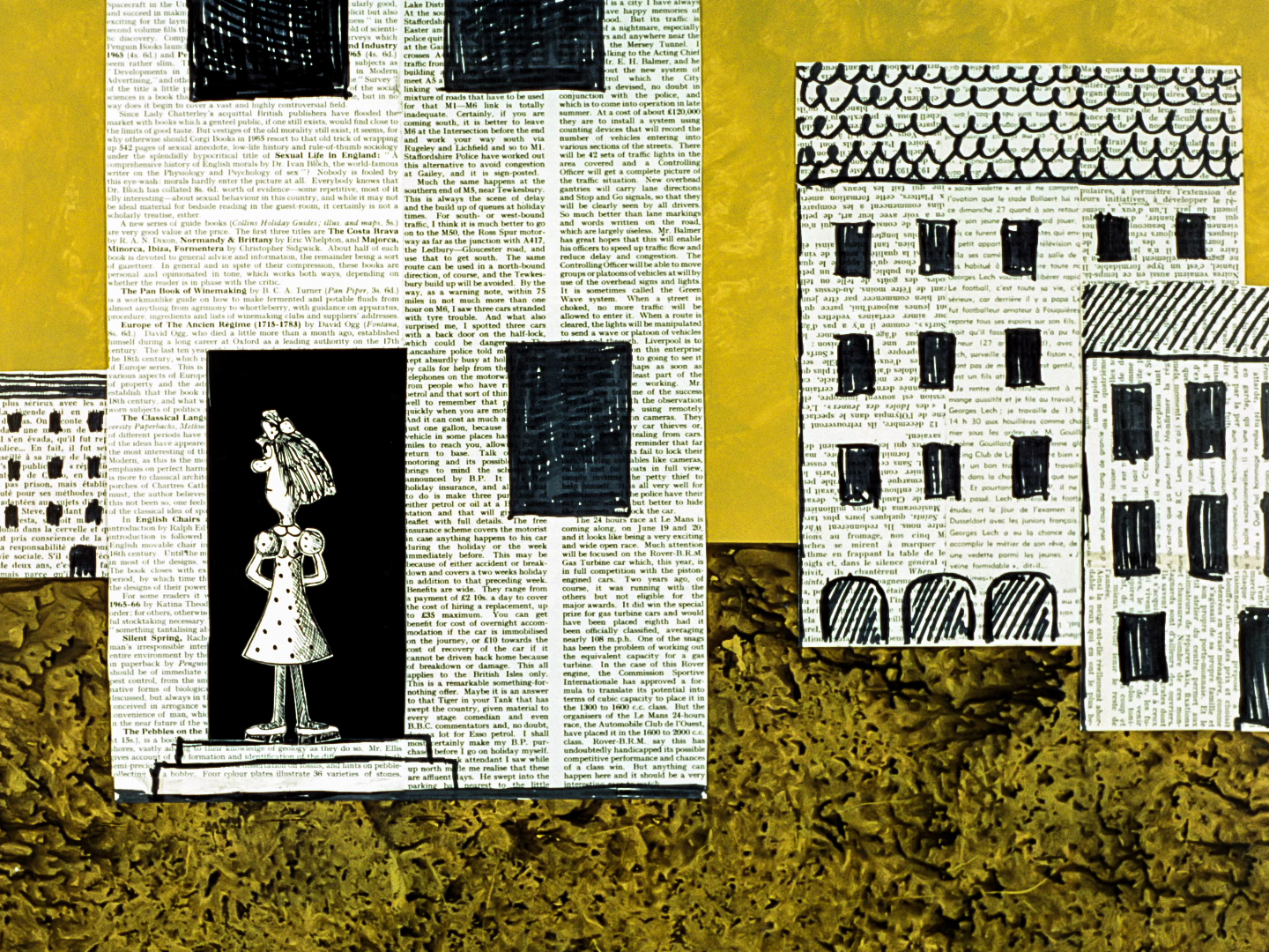 teen girl standing in the door of her apartament building, made out of newspapers clippings teen girl standing in the door of her apartament building, made out of newspapers clippings