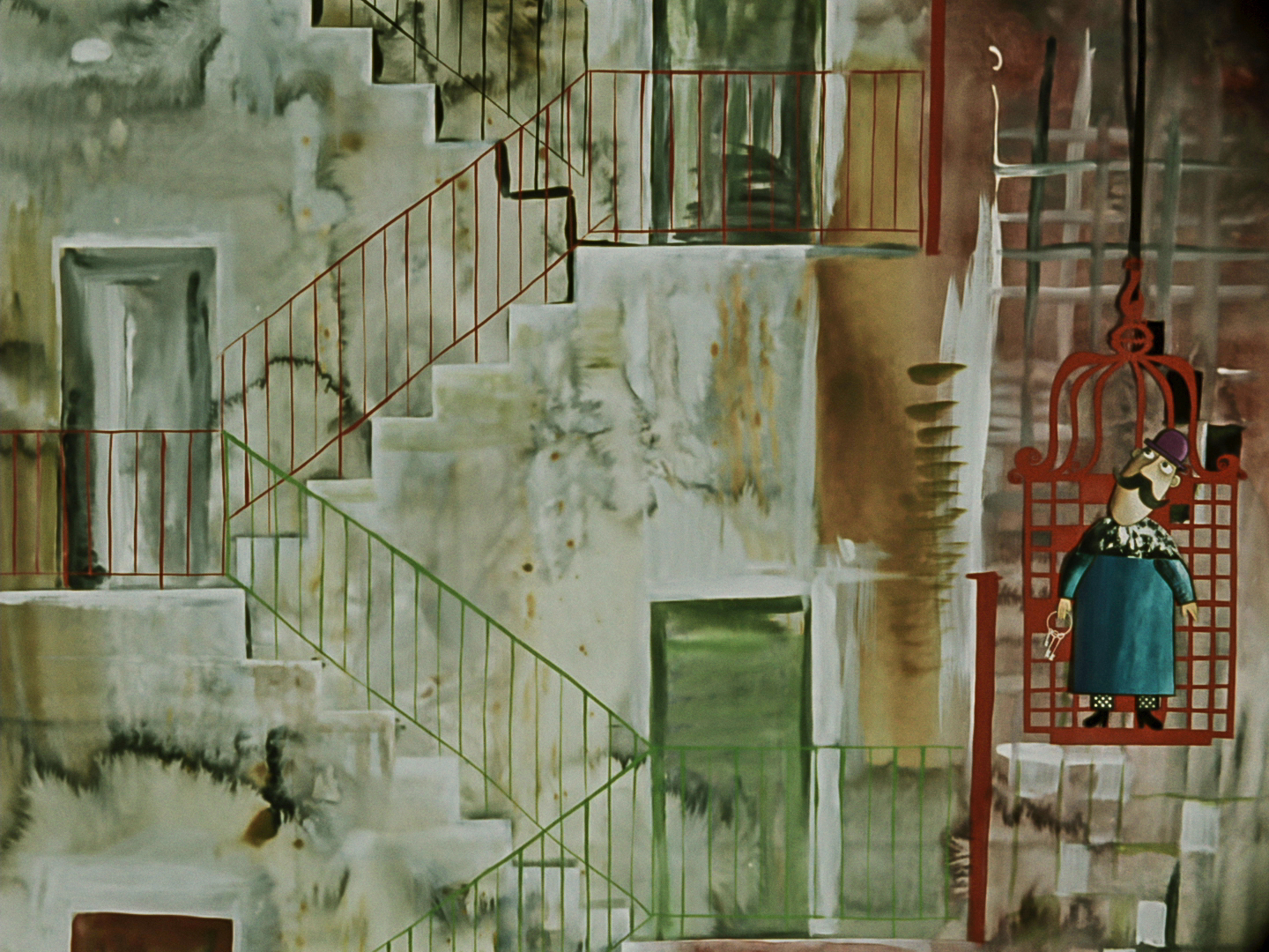 mustachioed man taking an elevator