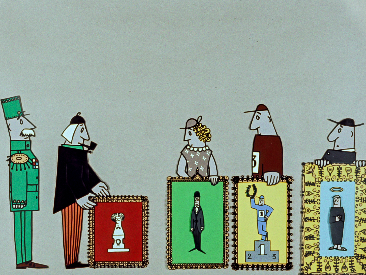 several people holding a framed portrait of a same man in different intepretations