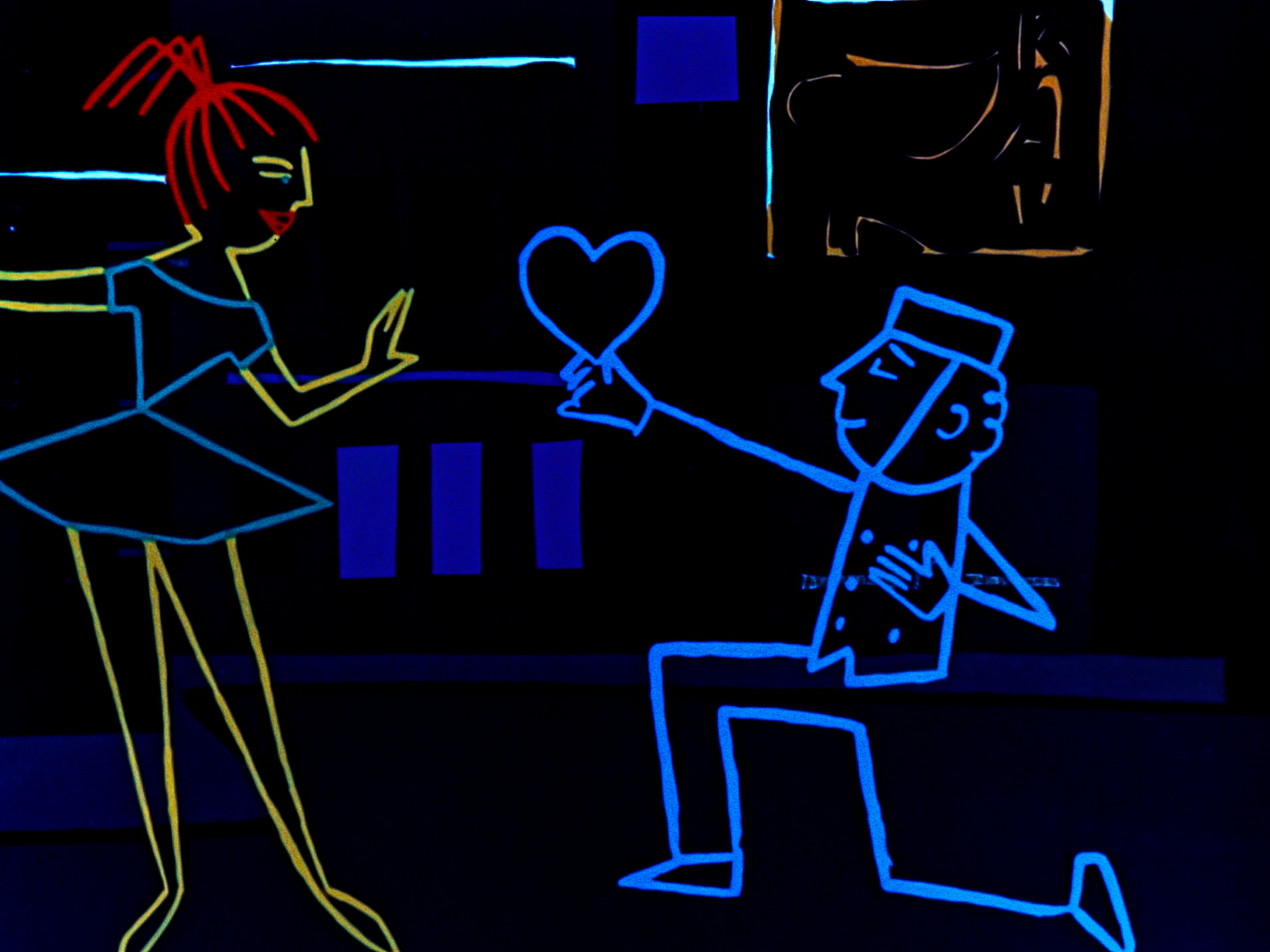 neon blue hotel boy offering his heart to hair saloon neon